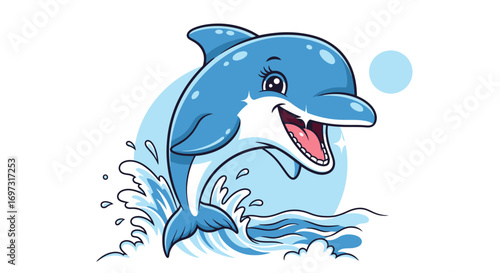 Cheerful Blue Dolphin Cartoon Illustration Leaping from Ocean Waves, Perfect for Children's Books, Educational Material, or Marine Conservation Awareness
