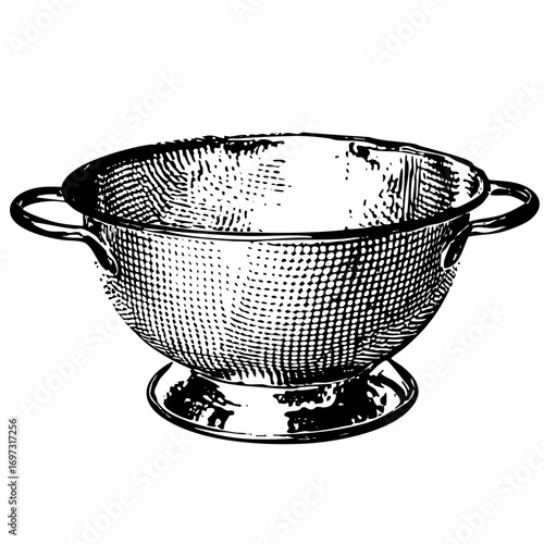 Vector Detailed of a metal colander with handles on a pedestal base.
