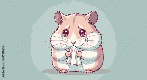 Cartoon Illustration of a Sad Hamster Crying and Holding a Tissue, Ideal for Depicting Emotions, Pet Loss, or Use in Children's Educational Materials