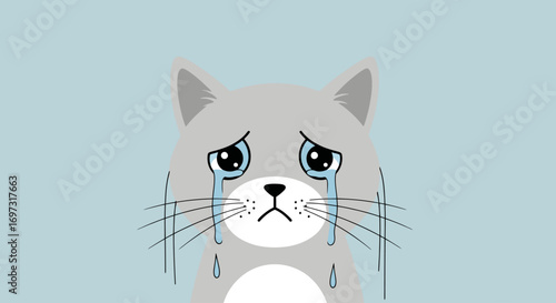 Cartoon Illustration of a Crying Gray Cat with Teardrops on a Light Blue Background Suitable for Emotional Expression and Animated Content Creation