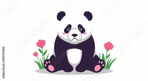 Adorable Cartoon Panda Illustration with Floral Accents, Suitable for Children's Books and Educational Material about Conservation Awareness