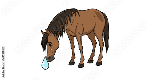 Cartoon Illustration of a Sad Brown Horse Crying with Large Teardrops Against a White Background, Suitable for Children's Education and Emotional Learning