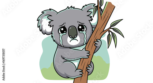 Cartoon Illustration of a Crying Koala Bear Clinging to a Tree Branch, Emphasizing Animal Emotions and Conservation Needs for Children's Education and Awareness Campaigns.