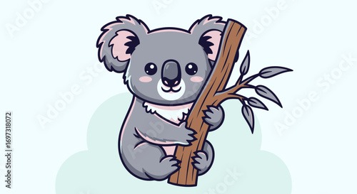 Adorable Koala Cartoon Illustration Clinging to a Branch, Perfect for Children's Books, Educational Materials, and Nature-Themed Graphic Design Projects