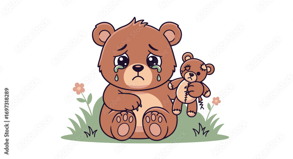 Naklejka premium Cartoon Illustration of a Sad Teddy Bear Crying with a Damaged Toy. Suitable for children's books, educational materials, or mental health awareness campaigns.