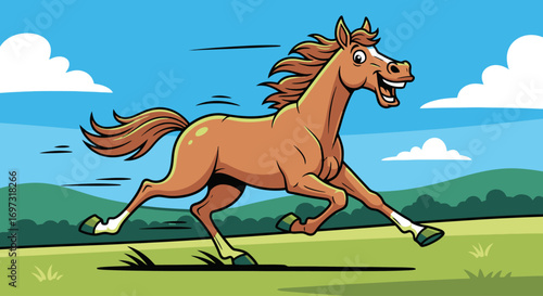 Animated Cartoon Horse Galloping Freely Across a Green Meadow, Ideal for Children's Books, Educational Materials, and Animal-Themed Presentations