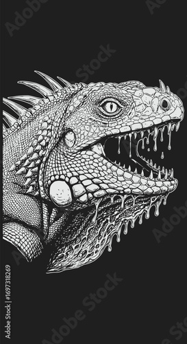 Detailed Black and White Illustration of a Ferocious Iguana Head.