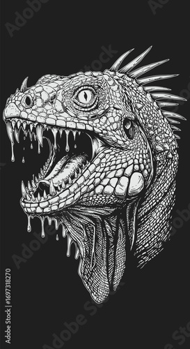 Detailed Iguana Head Illustration with Open Mouth and Sharp Teeth.