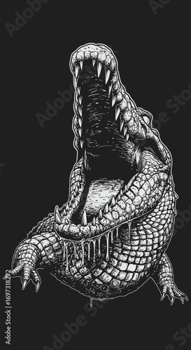 Detailed Black and White Alligator with Open Mouth and Drool Illustration.