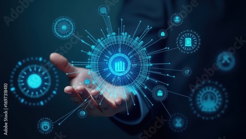 Wallpaper Mural A hand holds a futuristic, interconnected data network graphic, showcasing a complex system of information and connections. Torontodigital.ca