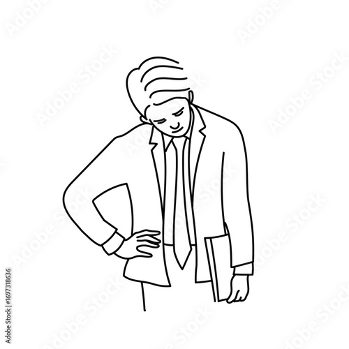 s0502スーツ姿で疲れてうなだれる男性を線画で描いたベクターイラスト｜ビジネスシーンでのストレスや失敗を表現したシンプルなモノクロ人物素材