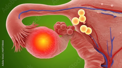 Medical illustration of a diseased ovary with inflammation and cysts.