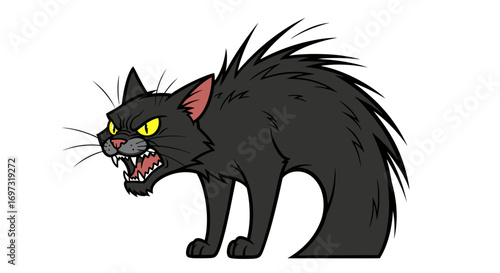 Animated Black Cat with Arched Back and Furious Expression, Illustrating Halloween Symbolism or Pet Behavior in Cartoons and Children's Educational Materials