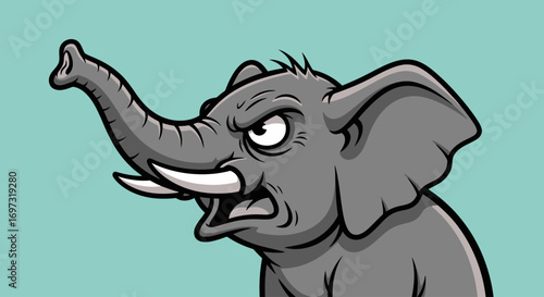 Cartoon Elephant Illustration Displaying an Angry Expression Against a Light Blue Background for Children's Books or Educational Materials