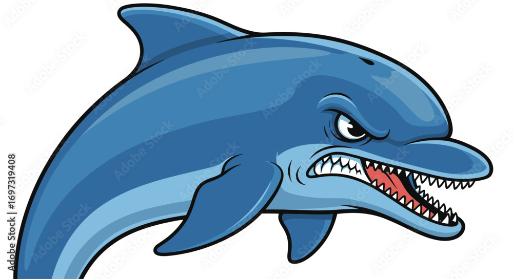 Fototapeta premium Cartoonish Aggressive Dolphin Illustration Displaying Sharp Teeth, Suitable for Children's Books, Educational Materials, or Mascot Designs