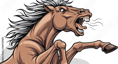 Dynamic Cartoon Illustration of a Rearing Horse with Aggressive Expression, Perfect for Animated Media and Children's Educational Materials.