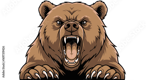 Aggressive Grizzly Bear Cartoon Illustration with Open Mouth and Sharp Teeth for Wildlife Education and Conservation Awareness Projects