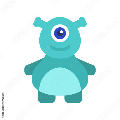Adorable blue cartoon monster with one big eye and small antenna-like ears. Fun and playful alien character illustration, perfect for children’s books, games, stickers, mascots, apps, and creative pro