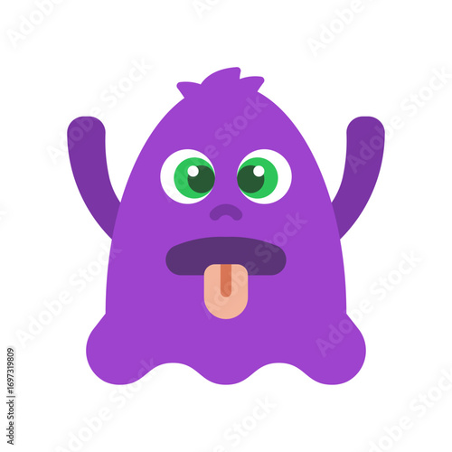 Playful cartoon illustration of a purple monster with green eyes, raised arms, and tongue sticking out. Cute, fun, and silly design perfect for children’s books, games, stickers, mascots, and creative