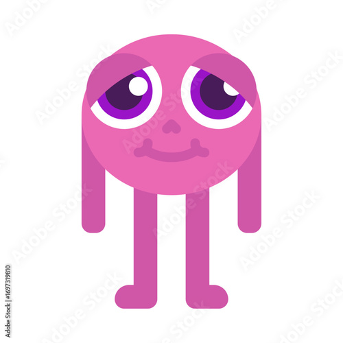 Adorable cartoon illustration of a pink alien character with large purple eyes, a round head, and long arms and legs. Fun, playful, and simple flat design perfect for children’s content, games, sticke