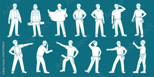 Group of professional construction workers wearing helmets, safety gear, holding blueprints, and discussing project plans on site confidently.