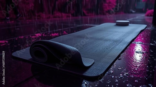 Yoga Mat Rain Night Scene.