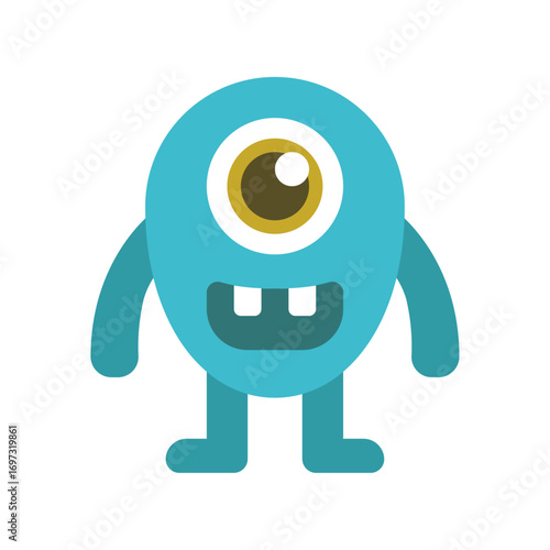 A cheerful vector illustration of a cute, blue, one-eyed monster. The graphic features a simple, rounded design with a single large eye and a wide, friendly smile showing a few teeth.