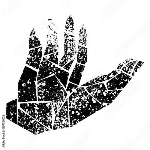 Vector Fragmented handprint conveys brokenness and resilience.