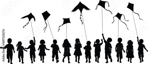 children flying kites silhouette, outdoor play vector, happy kids illustration, group activity design, childhood fun art, festival celebration scene
