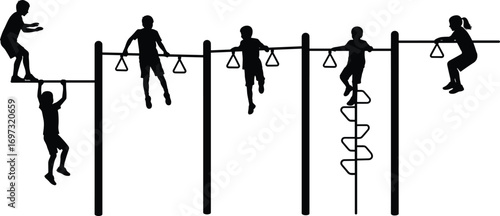 Children climbing on monkey bars silhouette, kids playground activity, outdoor fun, school recess, exercise fitness, group playtime, childhood adventure illustration
