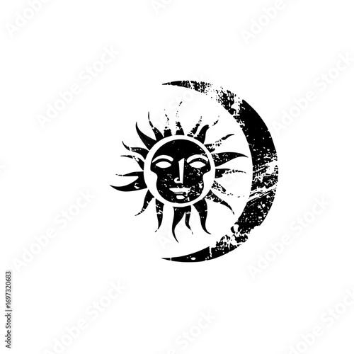 Vector Celestial sun and moon with distressed texture.
