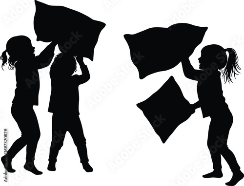 children pillow fight silhouette, kids playing at home, fun childhood activity, family lifestyle entertainment, black silhouette vector illustration design