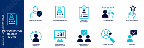 Performance Review Blue Colored Outline Icon Set