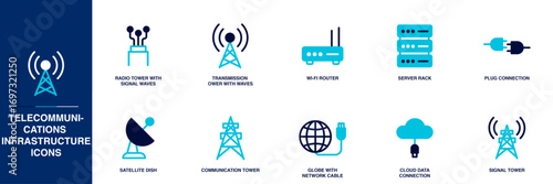 Telecommunications Infrastructure Blue Colored Outline Icon Set