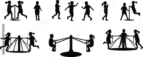 Children playing on merry go round silhouette, kids outdoor playground, fun activity, group exercise, school recess, childhood playtime, spinning ride illustration