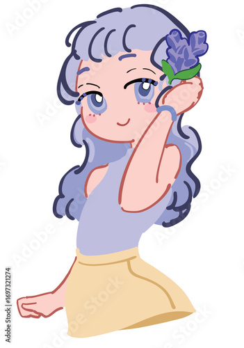 頭に花飾りを付けた穏やかそうな女の子のイラスト 薄紫