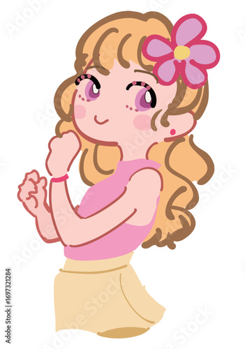 頭に花飾りを付けた可憐な女の子のイラスト ピンク