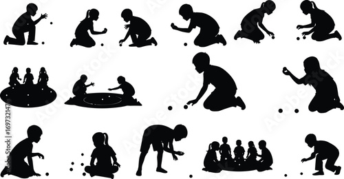 Children playing marbles silhouette, kids outdoor game, fun activity, childhood playtime, group competition, classic toy, recreation, traditional playground, leisure illustration