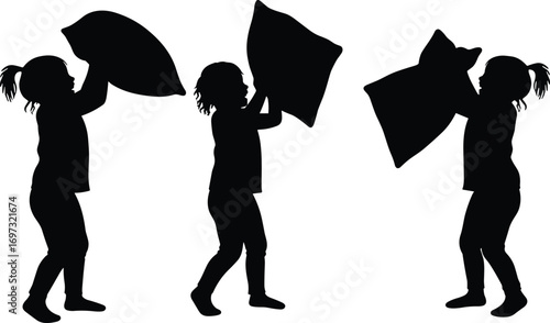children playing pillow fight silhouette, fun kids activity, home entertainment illustration, black silhouette design, childhood playtime, vector lifestyle art