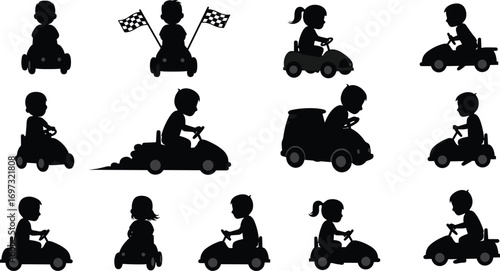 Children riding toy cars silhouette, kids driving play vehicles, outdoor fun, racing game, childhood activity, small car ride, playtime illustration
