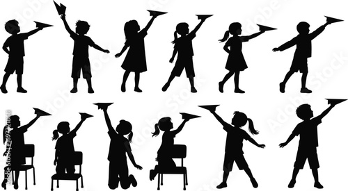 Children playing with paper airplanes silhouette, kids outdoor fun, school classroom activity, childhood creativity, group playtime, imagination, leisure illustration