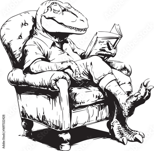 Dino Reader's Rest: A whimsical illustration captures a relaxed dinosaur, comfortably settled in an armchair, engrossed in the pages of a book. The scene evokes a sense of intellectual leisure.