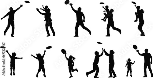 Family playing frisbee silhouette, parents and children outdoor activity, kids catching disc, fun sport, fitness exercise, group game, healthy lifestyle illustration