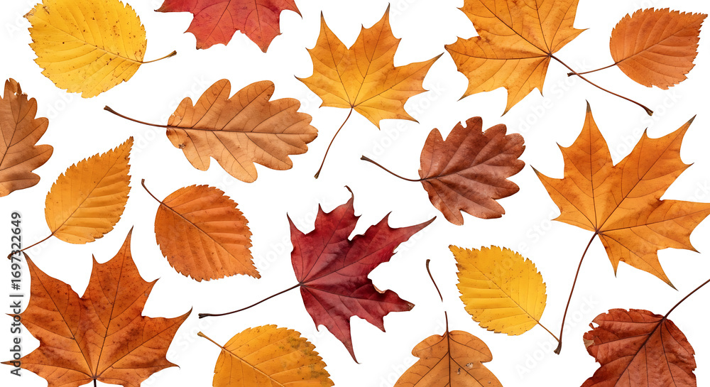 Fototapeta premium Arrangement of various colorful autumn foliage with visible stems on a flat surface top down view