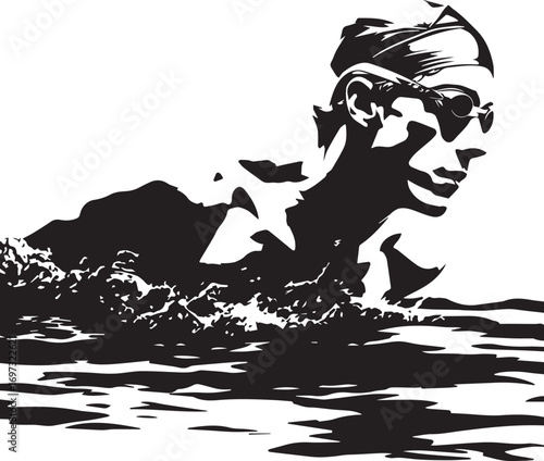 Aquatic Excellence: A dynamic swimmer, captured in silhouette amidst a surge of water, propels forward with graceful power, a testament to athletic determination.