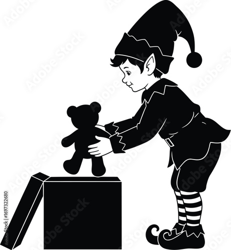 Christmas elf putting teddy bear in gift box vector