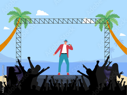 Singers performing on a concert stage by the beach. Concert illustration. Flat vector illustration concept.