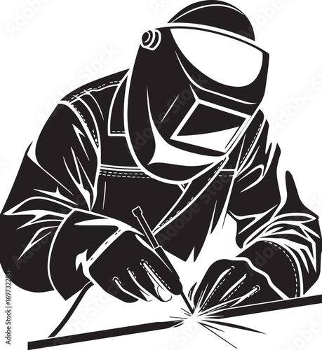 Welder at Work: A skilled welder, fully protected, focused, and precise, is captured in a graphic illustration. This image highlights the artistry and essential nature of welding. 