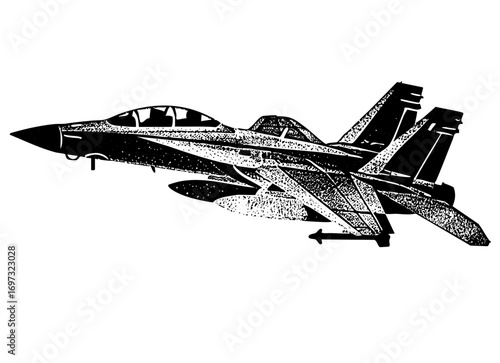 Vector Detailed of a military jet aircraft in monochrome.