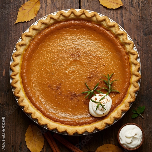 Overhead shot of a delicious homemade pumpkin pie with whipped cream on a rustic wood table